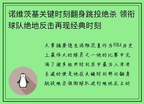 诺维茨基关键时刻翻身跳投绝杀 领衔球队绝地反击再现经典时刻