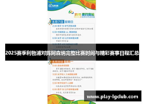 2025赛季利物浦对阵阿森纳完整比赛时间与精彩赛事日程汇总