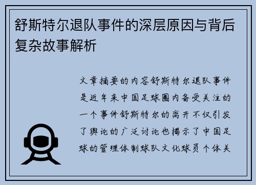 舒斯特尔退队事件的深层原因与背后复杂故事解析 舒斯特尔退队事件的深层原因与背后复杂故事解析