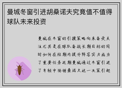 曼城冬窗引进胡桑诺夫究竟值不值得球队未来投资